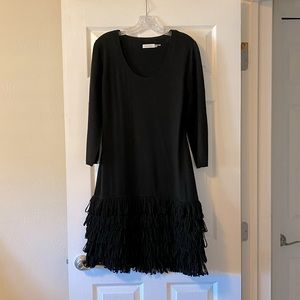 Calvin Klein 3/4 Sleeve Sweater Dress with Dropped Waist and Fringe Skirt